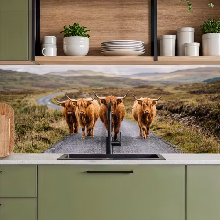 Schotse Hooglanders - Weg - Landschap - Kudde keuken achterwand 2 middel -sfeer3