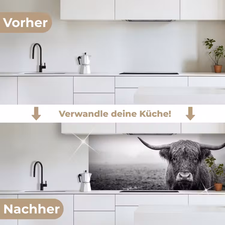 Schotse hooglander - Zwart - Wit - Gras keuken achterwand 2 middel -voor-na_DE