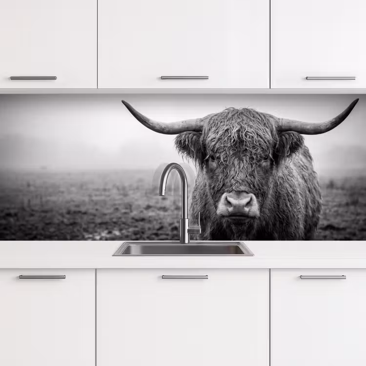 Schotse hooglander - Zwart - Wit - Gras keuken achterwand 2 middel -3d