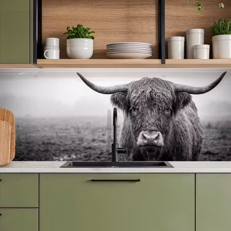 Schotse hooglander - Zwart - Wit - Gras keuken achterwand 2 middel -sfeer3