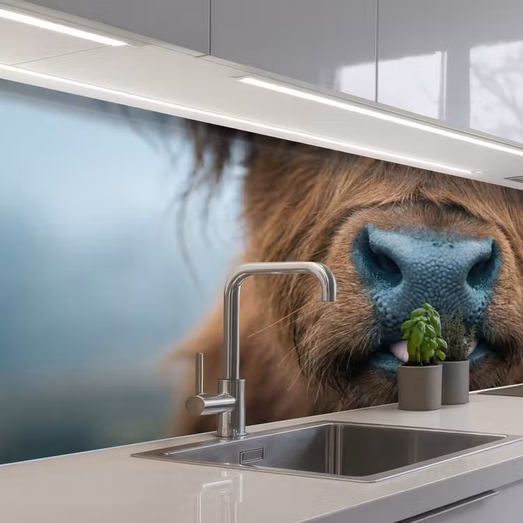 Schotse hooglander - Neus - Bruin keuken achterwand 2 middel -3d_schuin