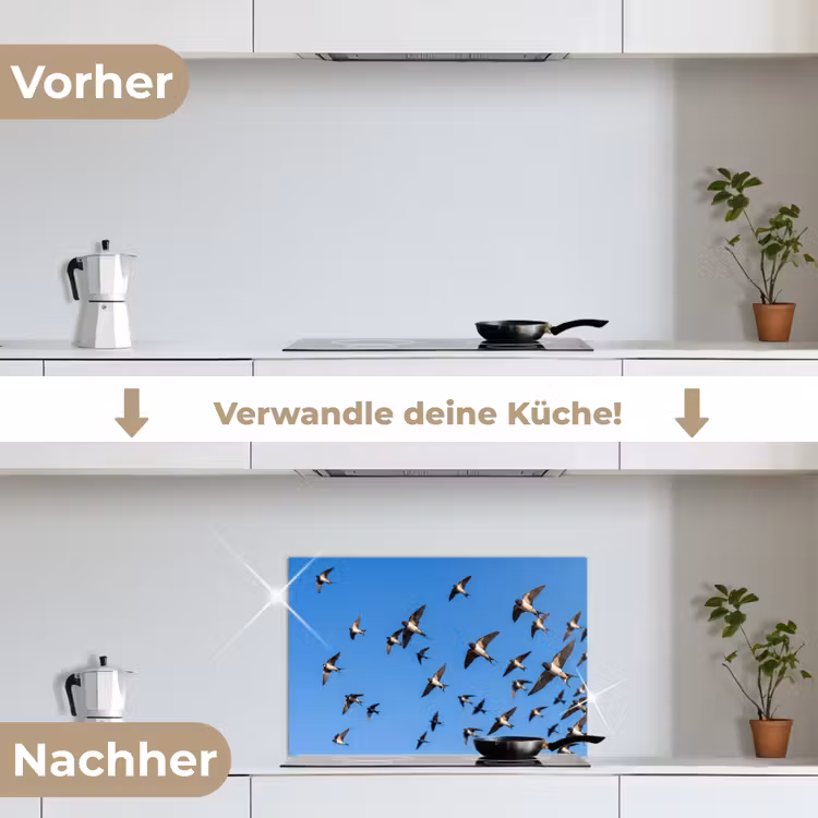 Zwaluwen - Vliegen - Blauw keuken achterwand spatscherm klein -voor_na_DE
