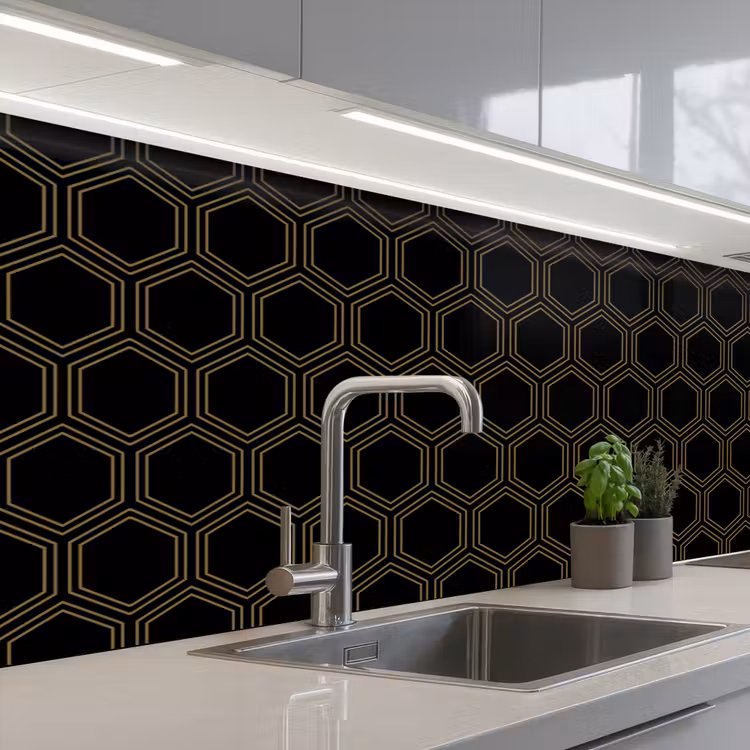 Zwart - Goud - Zeshoek keuken achterwand 2 middel 871 -3d_schuin