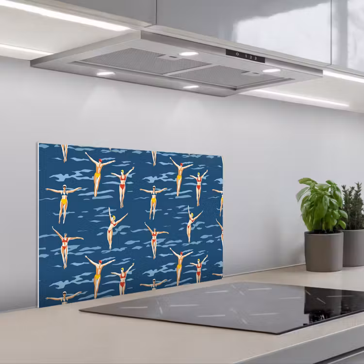Zwemsters- Retro - Blauw keuken achterwand spatscherm klein 900 -3d_schuin
