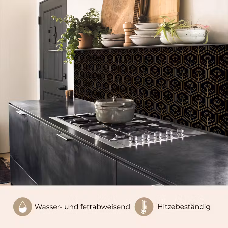 Zeshoek - Zwart - Goud - Bloem keuken achterwand 2 middel 871 -usp_DE