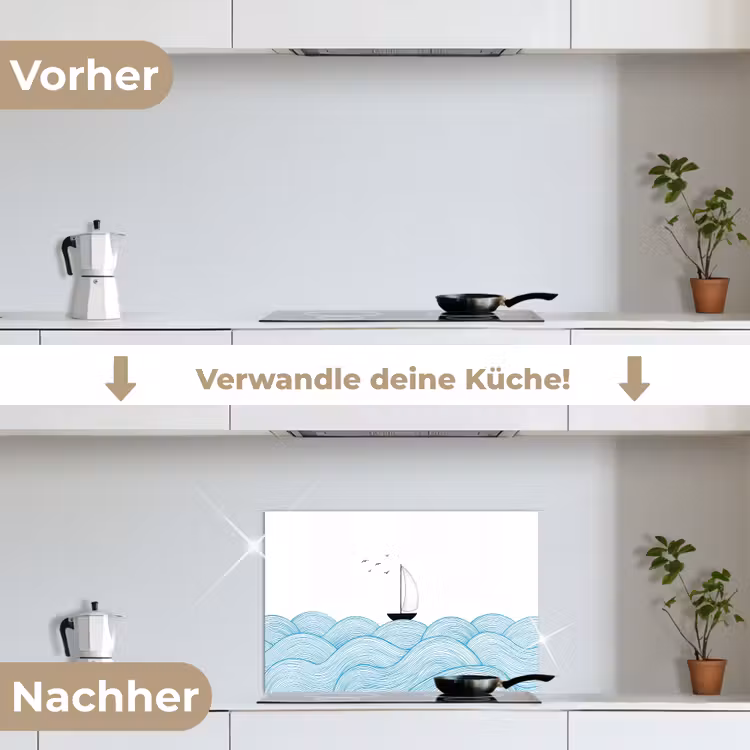 Zeilboot - Golven - Zee - Illustratie - Blauw keuken achterwand spatscherm klein -voor_na_DE