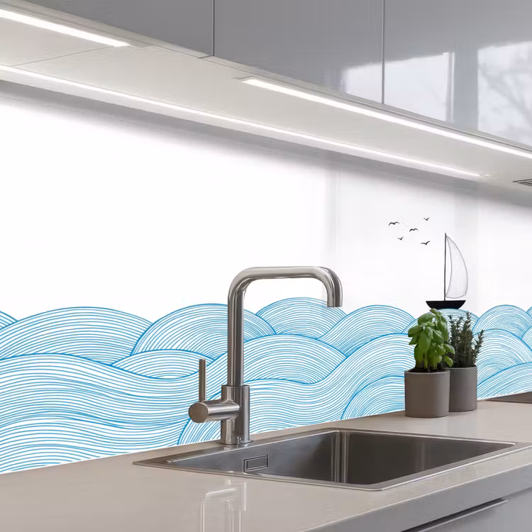 Zeilboot - Golven - Zee - Illustratie - Blauw keuken achterwand 2 middel -3d_schuin