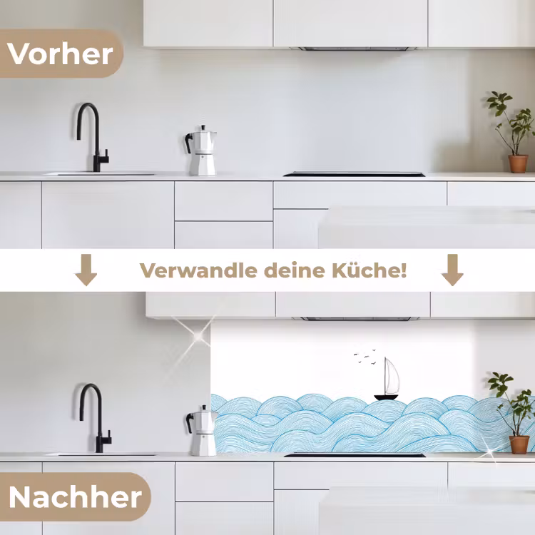 Zeilboot - Golven - Zee - Illustratie - Blauw keuken achterwand 2 middel -voor-na_DE