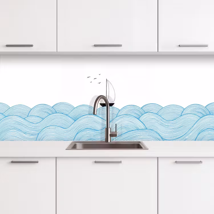 Zeilboot - Golven - Zee - Illustratie - Blauw keuken achterwand 2 middel -3d