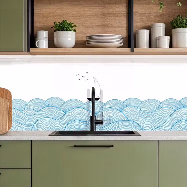 Zeilboot - Golven - Zee - Illustratie - Blauw keuken achterwand 2 middel -sfeer3