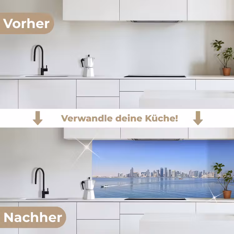 Skyline - Blauw - Zee - Gebouwen - Stad keuken achterwand 2 middel -voor-na_DE