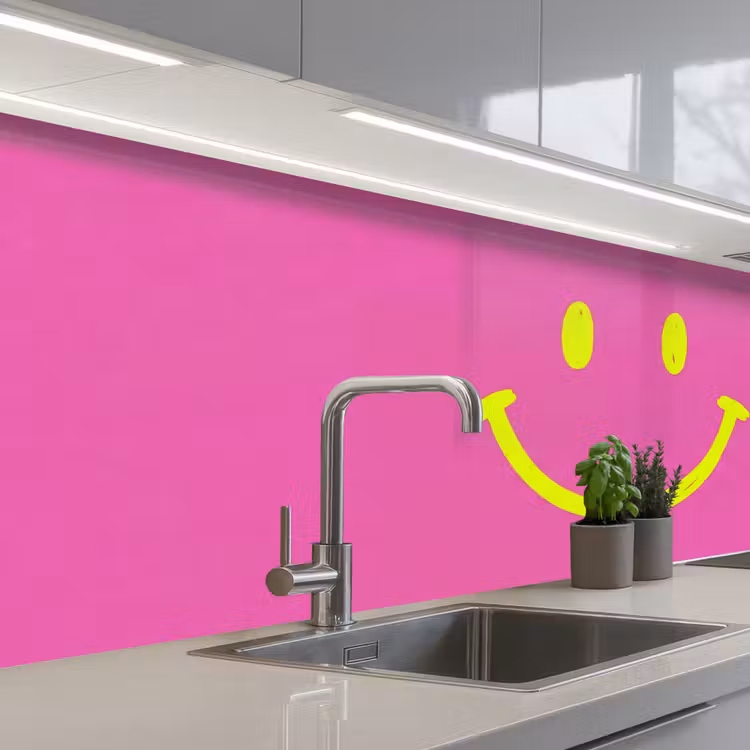 Smiley - Vrolijk - Roze keuken achterwand 2 middel -3d_schuin