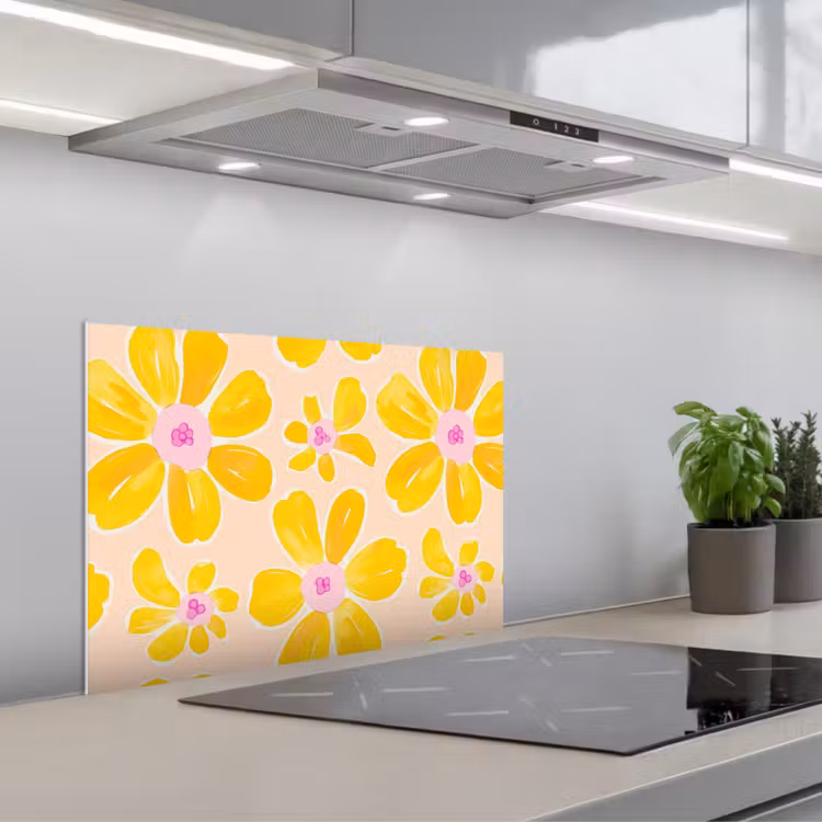 Zomers - Bloemen - Geel keuken achterwand spatscherm klein 900 -3d_schuin