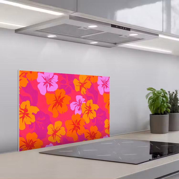 Zomers - Hibiscus - Kleurrijk keuken achterwand spatscherm klein 900 -3d_schuin