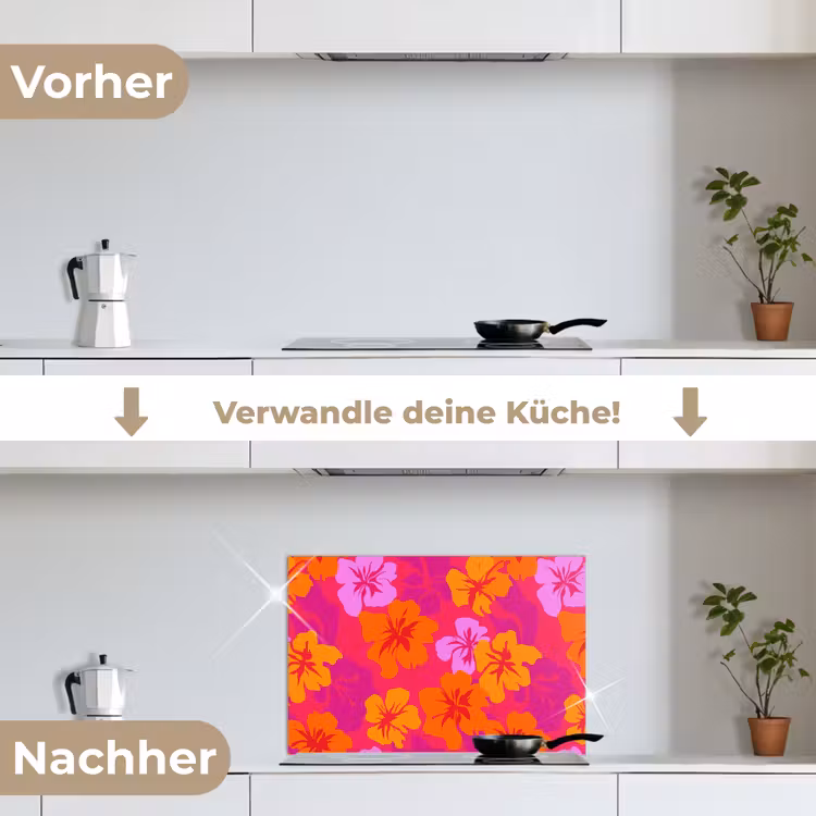 Zomers - Hibiscus - Kleurrijk keuken achterwand spatscherm klein 900 -voor_na_DE