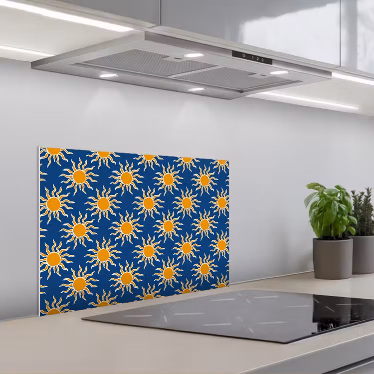 Zon - Patroon - Blauw keuken achterwand spatscherm klein 900 -3d_schuin