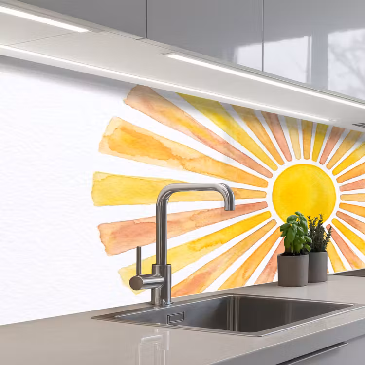 Zon - Stralen - Aquarel - Geel - Abstract keuken achterwand 2 middel -3d_schuin