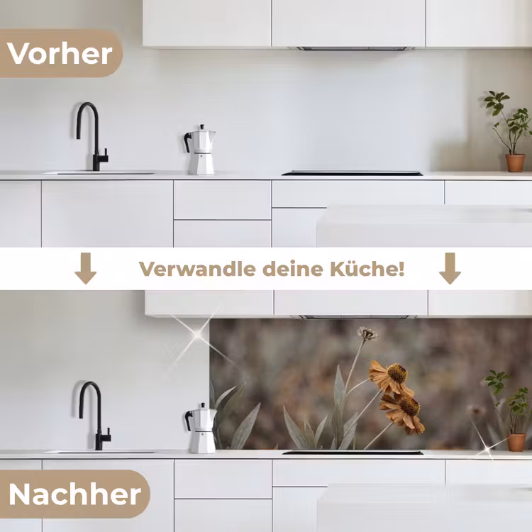 Zonnehoed - Droogbloemen - Geel - Warm keuken achterwand 2 middel -voor-na_DE