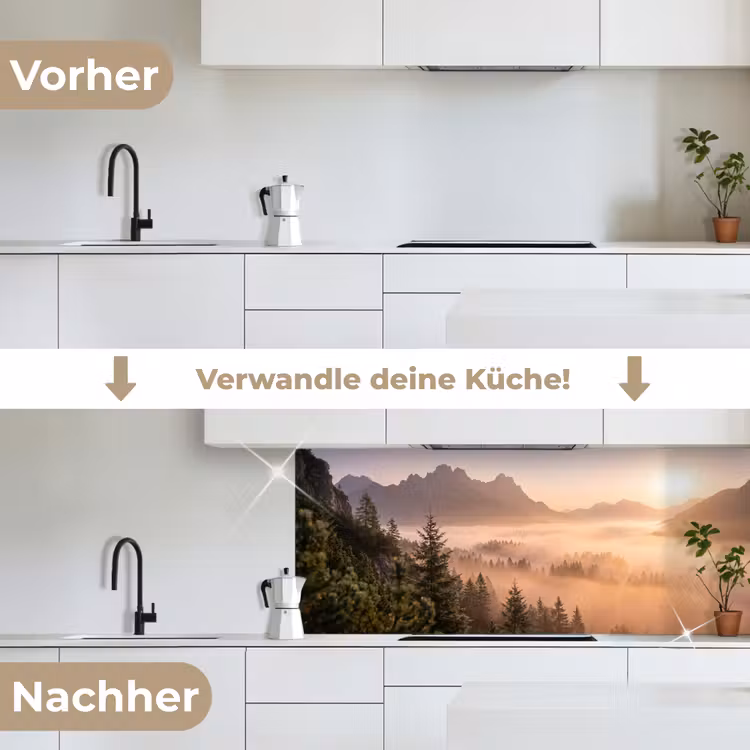 Zonlicht - Mist - Bergen - Bomen keuken achterwand 2 middel -voor-na_DE