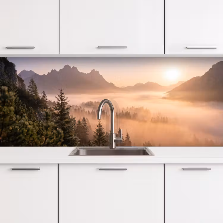 Zonlicht - Mist - Bergen - Bomen keuken achterwand 2 middel -3d