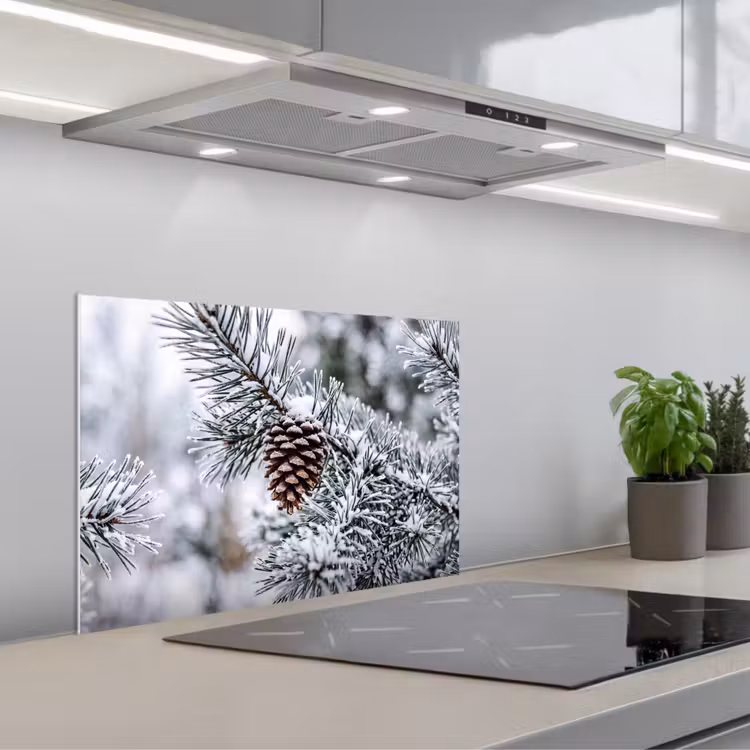 Dennenappel - Tak - Sneeuw - Winter - Sfeervol keuken achterwand spatscherm klein -3d_schuin