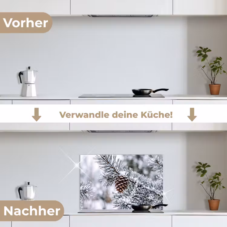 Dennenappel - Tak - Sneeuw - Winter - Sfeervol keuken achterwand spatscherm klein -voor_na_DE