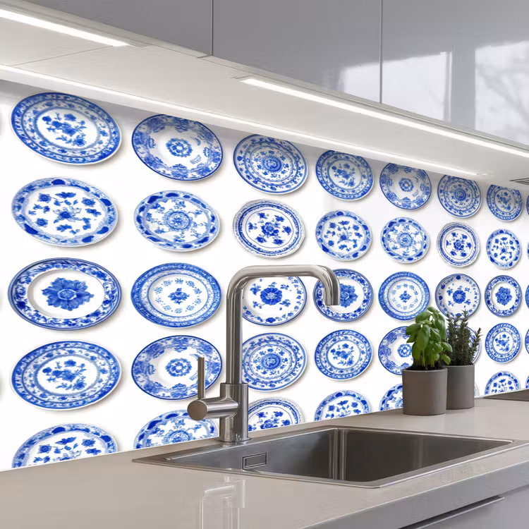 Borden - Bloemen - Patroon - Blauw keuken achterwand 2 middel 871 -3d_schuin