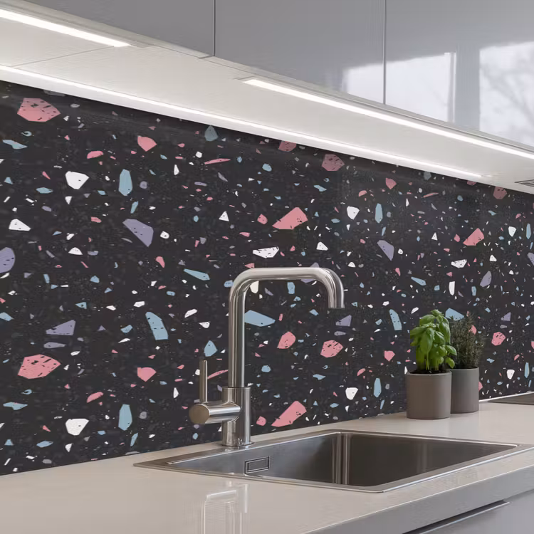 Terrazzo - Patroon - Zwart - Zacht keuken achterwand 2 middel 871 -3d_schuin