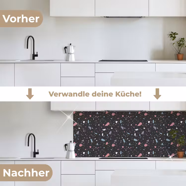 Terrazzo - Patroon - Zwart - Zacht keuken achterwand 2 middel 871 -voor-na_DE