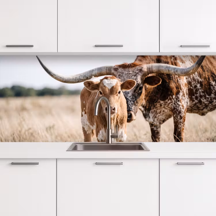 Texas Longhorn - Kalf - Weide - Dieren keuken achterwand 2 middel -3d