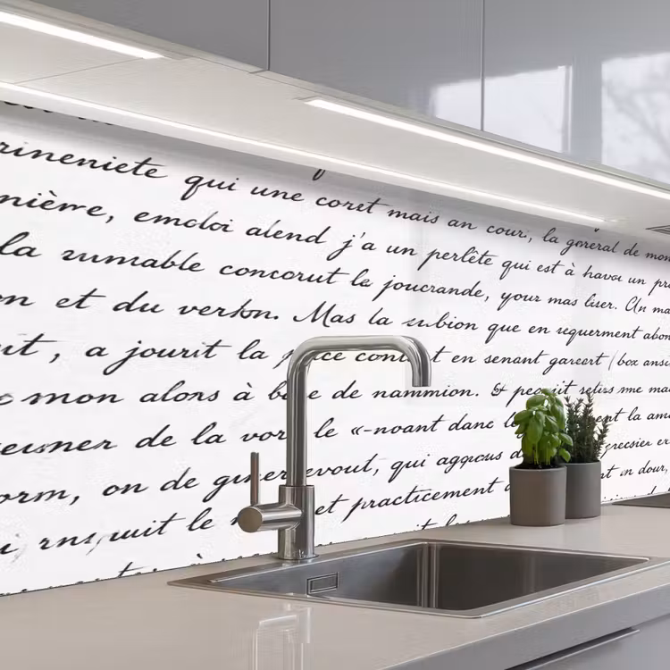 Tekst - Handschrift - Klassiek - ZwartWit keuken achterwand 2 middel -3d_schuin