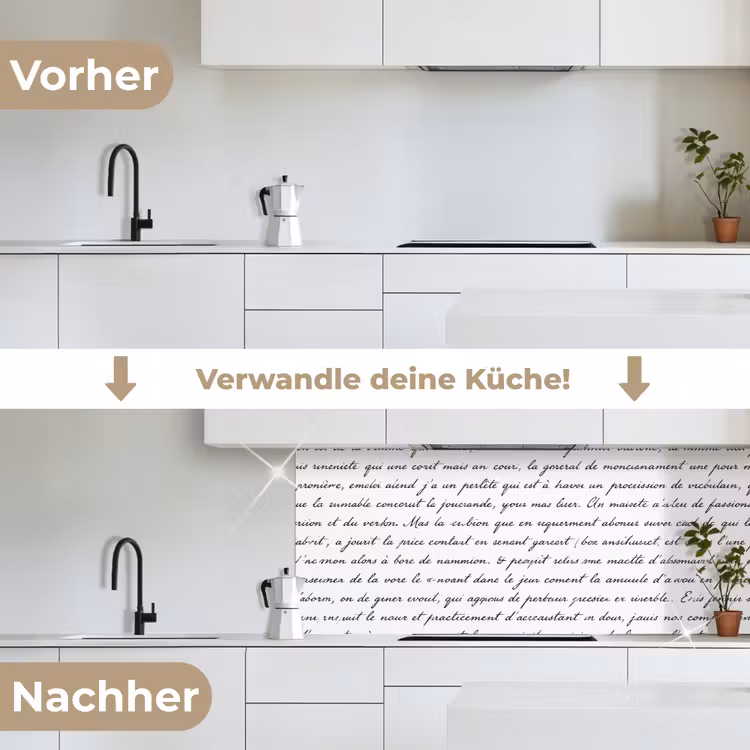 Tekst - Handschrift - Klassiek - ZwartWit keuken achterwand 2 middel -voor-na_DE