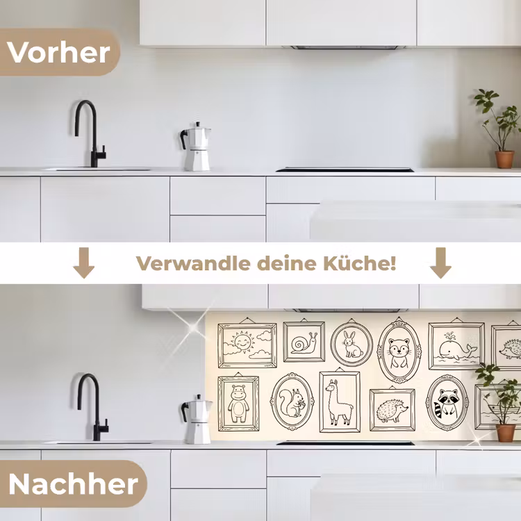Dieren - Illustratie - Lijsten - Galerij - Speels keuken achterwand 2 middel -voor-na_DE
