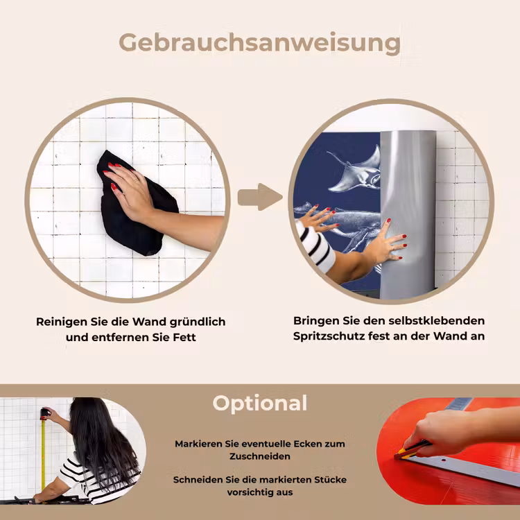 Dieren - Zeeleven - Oceaan - Graveren - Blauw keuken achterwand spatscherm klein -gebruiksaanwijzing_DE