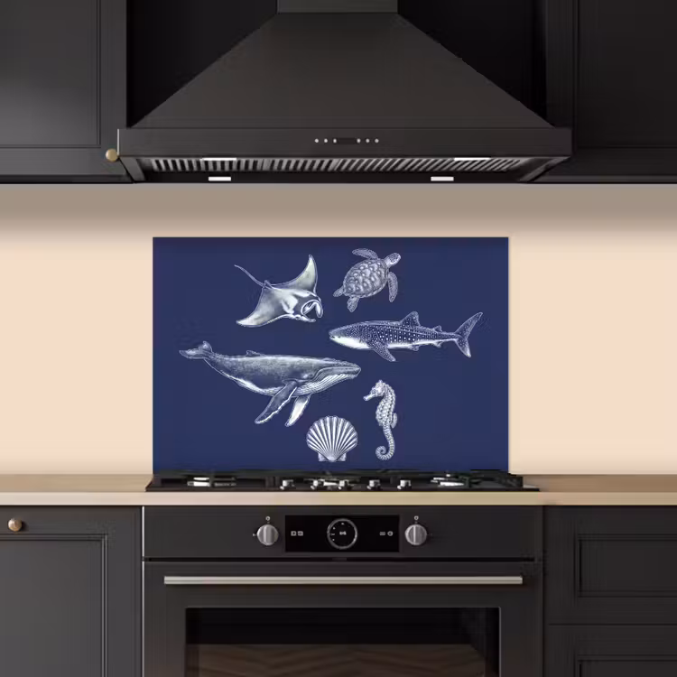 Dieren - Zeeleven - Oceaan - Graveren - Blauw keuken achterwand spatscherm klein -sfeer1