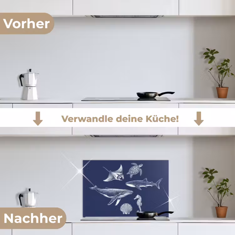 Dieren - Zeeleven - Oceaan - Graveren - Blauw keuken achterwand spatscherm klein -voor_na_DE