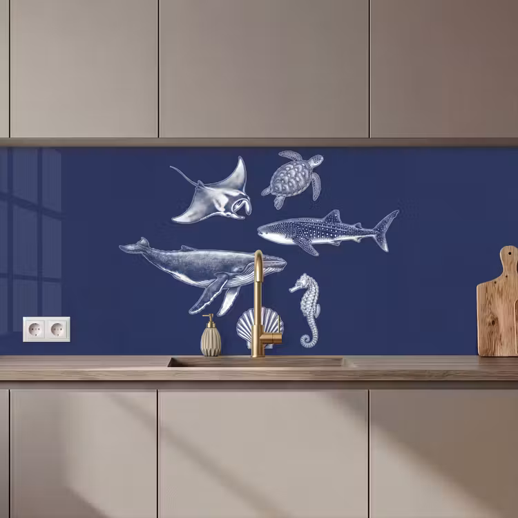 Dieren - Zeeleven - Oceaan - Graveren - Blauw keuken achterwand 2 middel zz_3dshopping