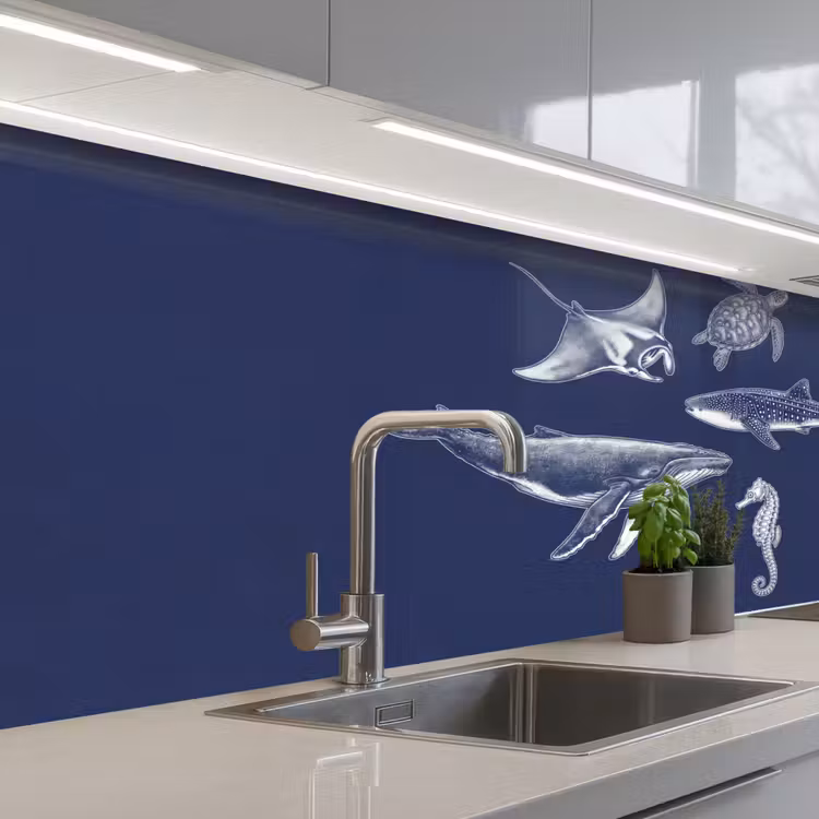 Dieren - Zeeleven - Oceaan - Graveren - Blauw keuken achterwand 2 middel -3d_schuin