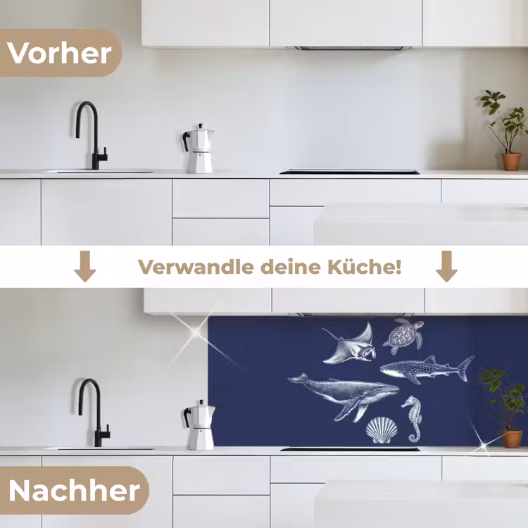 Dieren - Zeeleven - Oceaan - Graveren - Blauw keuken achterwand 2 middel -voor-na_DE