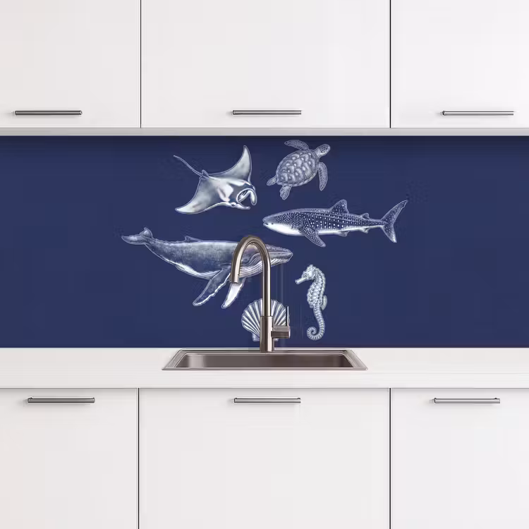Dieren - Zeeleven - Oceaan - Graveren - Blauw keuken achterwand 2 middel -3d