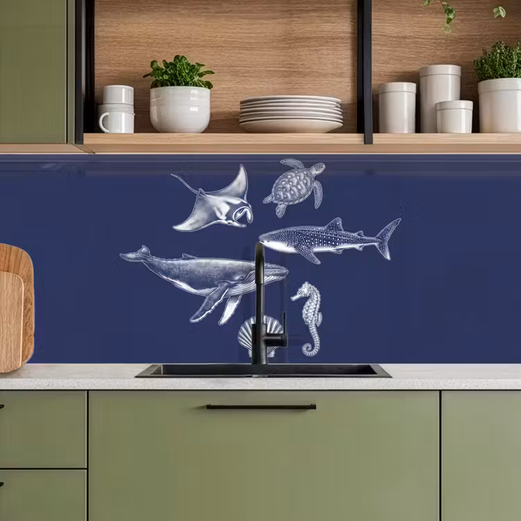 Dieren - Zeeleven - Oceaan - Graveren - Blauw keuken achterwand 2 middel -sfeer3
