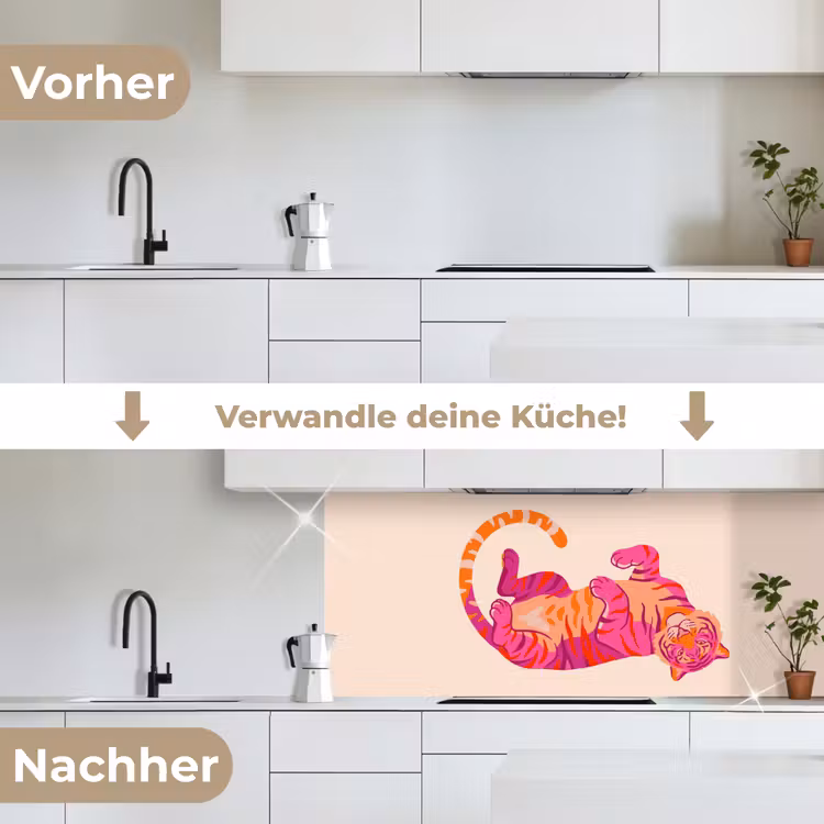 Tijger - Roze - Oranje keuken achterwand 2 middel -voor-na_DE
