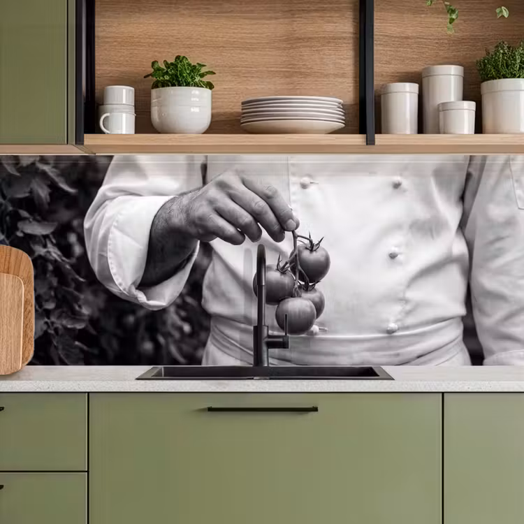 Tomaten - Chef - Zwart - Wit keuken achterwand 2 middel -sfeer3