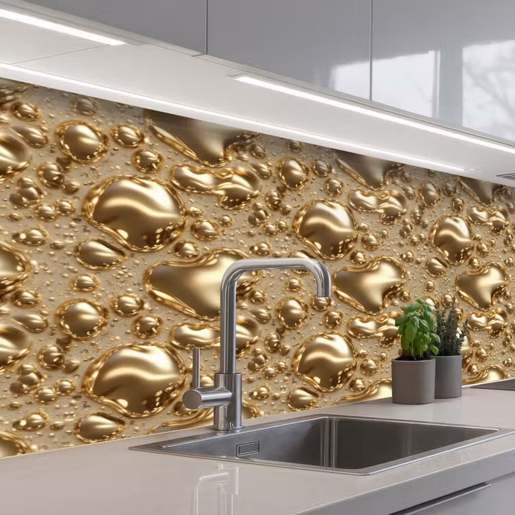 Druppels - Organisch - Goud keuken achterwand 2 middel 871 -3d_schuin
