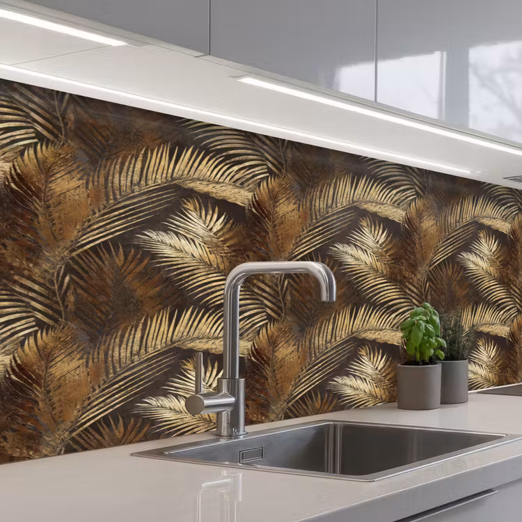 Tropisch - Bladeren - Goud keuken achterwand 2 middel 871 -3d_schuin