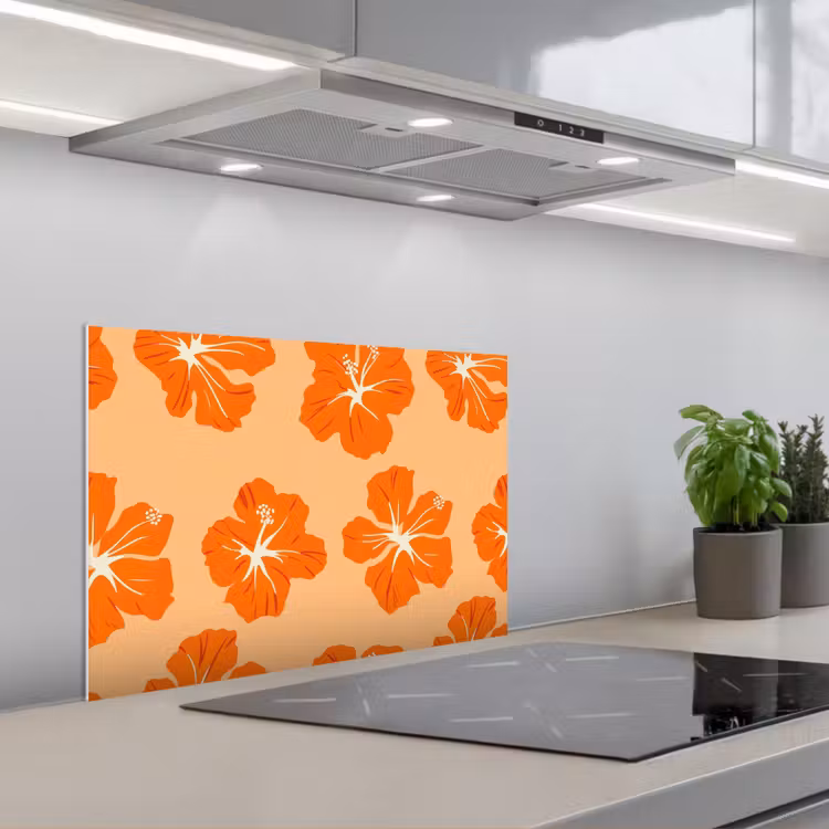 Tropisch - Hibiscus - Oranje keuken achterwand spatscherm klein 900 -3d_schuin