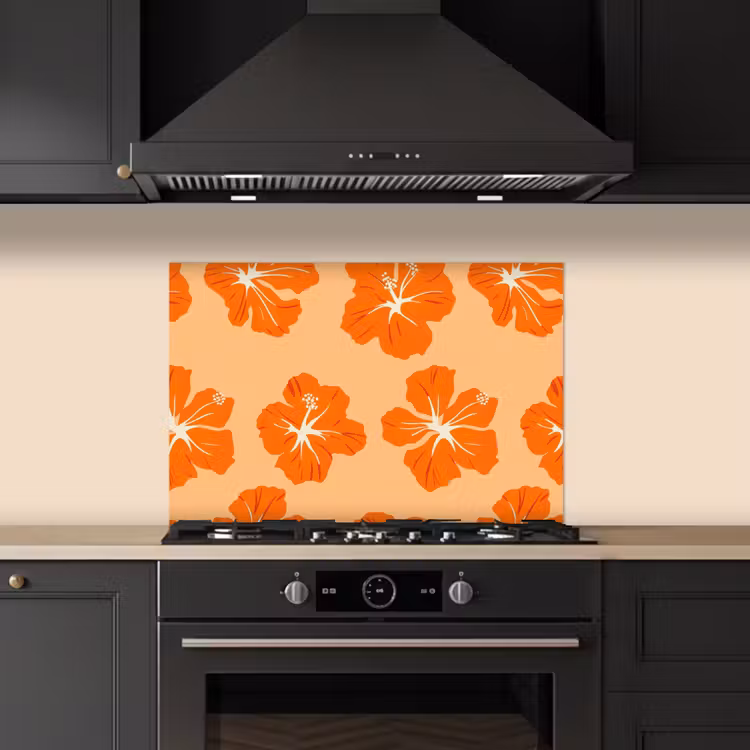 Tropisch - Hibiscus - Oranje keuken achterwand spatscherm klein 900 -sfeer1