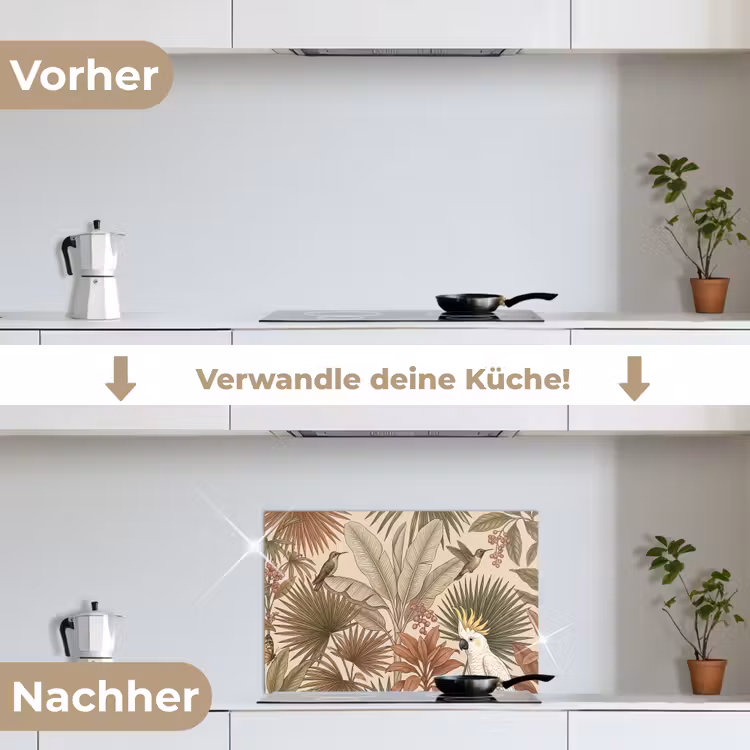 Tropisch - Vogels - Beige keuken achterwand spatscherm klein -voor_na_DE