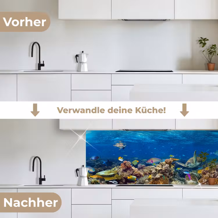 Onderwaterlandschap - Vissen - Schildpad - Blauw keuken achterwand 2 middel -voor-na_DE