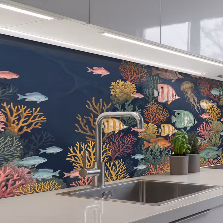 Onderwaterwereld - Vissen - Koraal - Illustratie - Kleurrijk keuken achterwand 2 middel -3d_schuin
